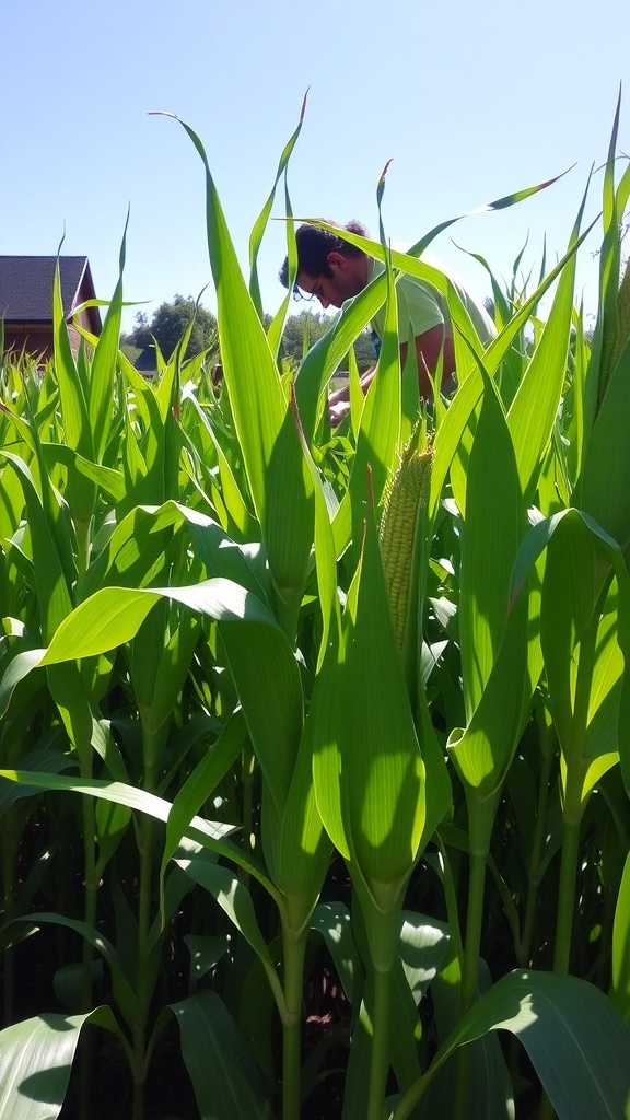 A thriving corn garden with tall plants and ears ready for harvest under the sun.